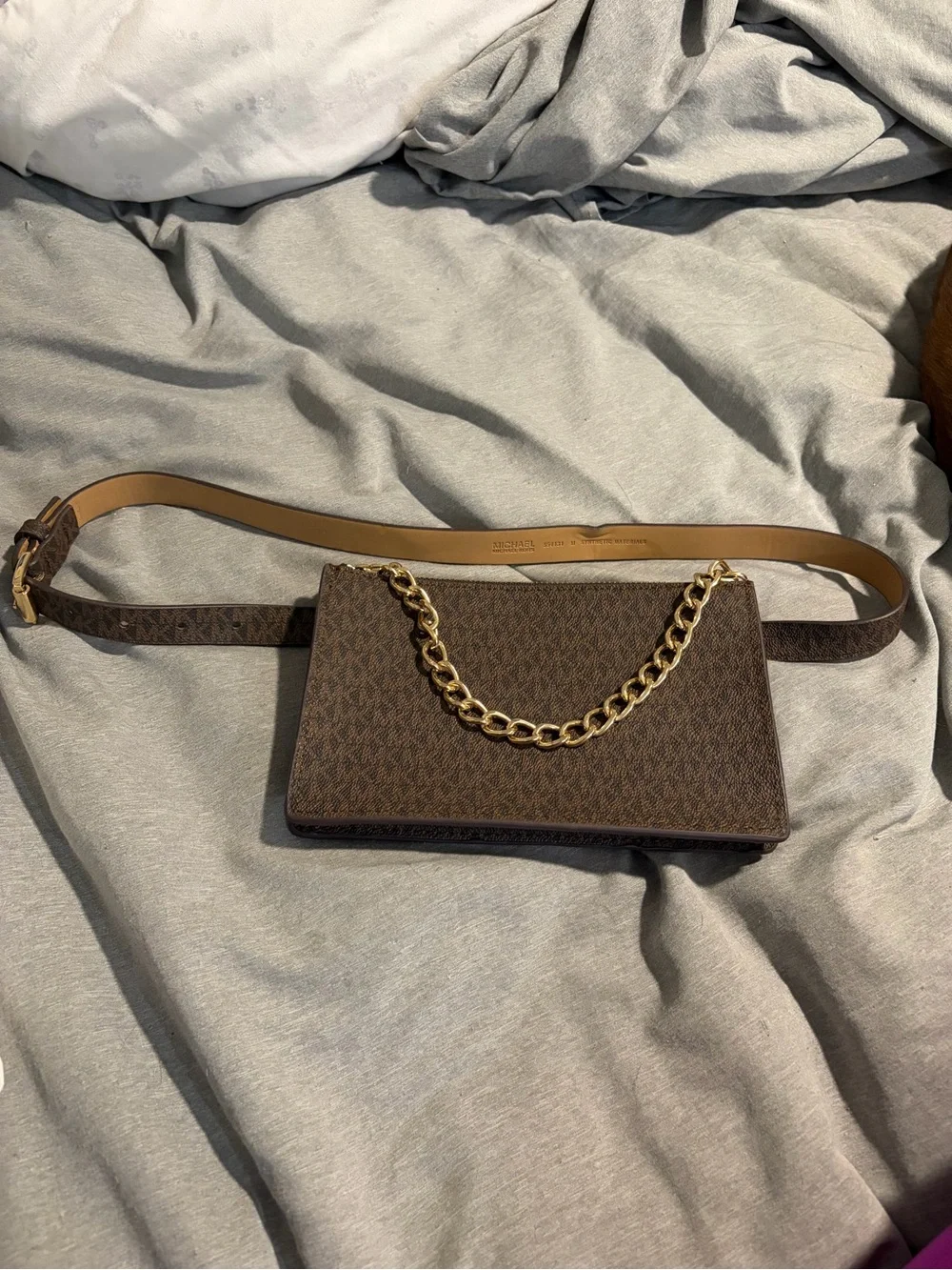Michael Kors Brown Monogram Belt Bag with Gold Chain